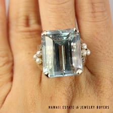 36ct Aquamarine & 2.5mm Cultured Pearl 14K White Gold Ring Size 7