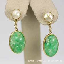 22K Yellow Gold Carved & Pierced Green Jade & Pearl Earrings
