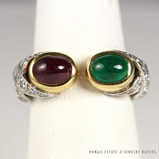 VINTAGE NATURAL RUBY & EMERALD CABOCHON 18K YELLOW GOLD WRAP X RING W/ APPRAISAL