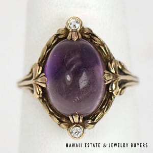 Vintage 4ct Amethyst Cabochon 0.08ctw OMC Diamond 14K Yellow Gold Ring Sz 6.5
