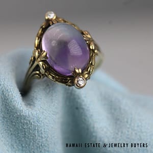 Vintage 4ct Amethyst Cabochon 0.08ctw OMC Diamond 14K Yellow Gold Ring Sz 6.5 - Image 2