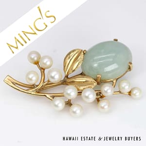 Ming's Pale Green Jade and Cultured Pearl 14K Yellow Gold Brooch