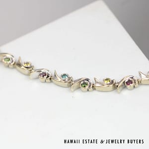 Multi Gem 18K White Gold Bracelet Size 7.25 - Image 2