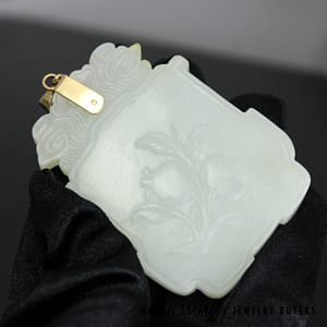 Mutton Fat Carved Tablet 14K Yellow Gold Pendant Measures 63x47mm