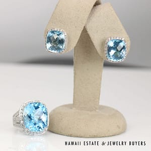 35ctw Swiss Blue Topaz and 1.10ctw Diamond 18K White Gold Ring Size 6.5 and Earrings