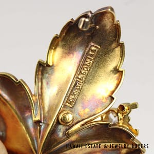 Timothy T Johns & Son 18K Yellow Gold Opal, 0.35ct OEC Diamond & 0.10ctw Ruby Beetle and Leaf Brooch Circa 1890 - Image 2