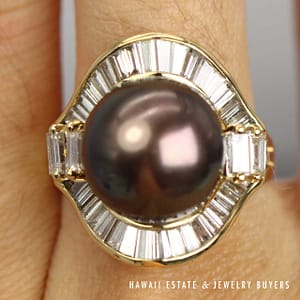 12.5mm Tahitian Pearl 2ctw Baguette Diamond 18K Yellow Gold Ring Size 7.25