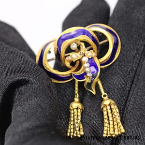 Antique 1800s 14K Yellow Gold Blue Enamel & Seed Pearl Tassel Brooch - Image 2