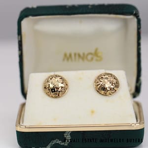 Mings 12mm Round Bird in Plum 14K Yellow Gold Pierced Earrings 2.3g with Box - Image 2