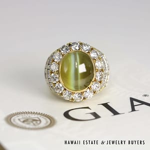 GIA 17.87ct Cat's Eye Crysoberyl 8.67ctw Diamond 18K Yellow Gold Gents Ring Size 7.5 with Appraisal