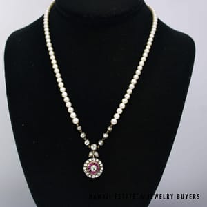 Mikimoto Pearl Necklace with 18K Yellow Gold "Y" Centerpiece, Rose Cut Diamonds & Pink Sapphires - Image 2