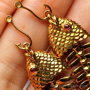 Authentic Vintage Tiffany & Co. 18K Yellow Gold Ruby Articulated Fish Skeleton Earrings w/ Pouch - Image 10