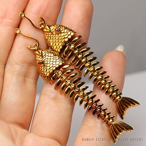 Authentic Vintage Tiffany & Co. 18K Yellow Gold Ruby Articulated Fish Skeleton Earrings w/ Pouch - Image 9