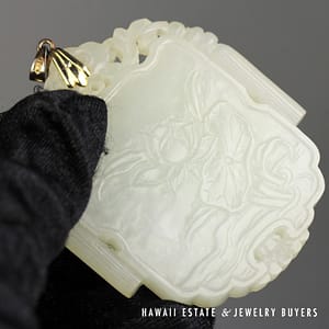 Antique Rare Mutton Fat Jade Flower & Monk Scrolls Pendant 54x45mm - Image 2