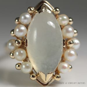 Marquise Translucent Ice Jade Pearl 14K Yellow Gold Ring