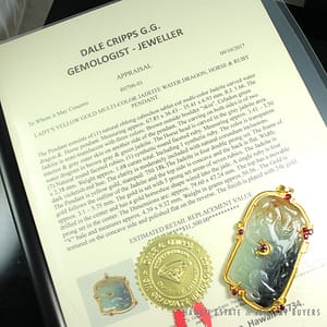 NATURAL TYPE A JADEITE JADE MULTI-COLOR WATER DRAGON HORSE 18K YELLOW GOLD PENDANT W/ RUBY - Image 2