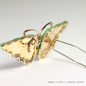 GIA CERTIFIED NATURAL TYPE GRADE A JADEITE JADE GREEN & 0.45CTW DIAMOND BUTTERFLY 14K YELLOW GOLD PENDANT - Image 4