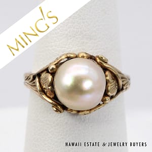 Ming's 9mm Pearl 14K Yellow Gold Carve Design Ring Size 6