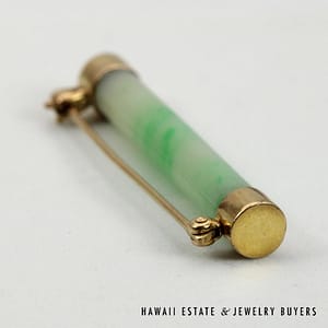 Mottled Green Jade Cylinder 14K Yellow Gold Brooch - Image 2