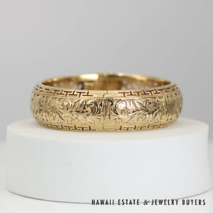 Ming's Rare 20mm Shou 14K Yellow Gold Hinged Bangle Bracelet Like New Size 7.5 - Image 4