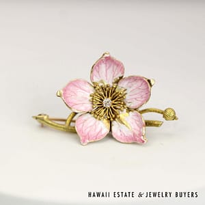 Vintage Art Nouveu Old Mine Cut Diamond Pink Enamel Posey Cherry Blossom 18K Yellow Gold Brooch Pin