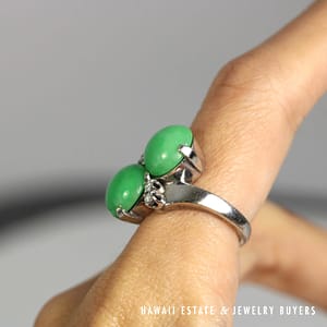 10mm Round Green Jade Cabs & 0.12ctw Diamond 14K White Gold Ring Size 5.75 - Image 2