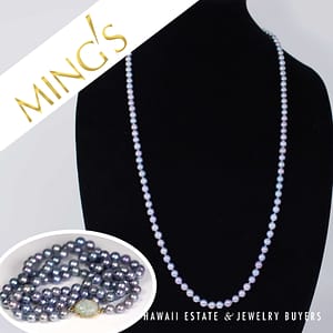 Mings 6.5-7mm Blue Pearl 34" Strand with Carved Jade 14k Yellow Gold Clasp