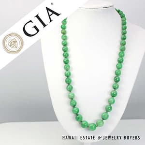 GIA Green Jade Type A Bead 14K Yellow Gold Necklace w/ Carved Pearl Clasp