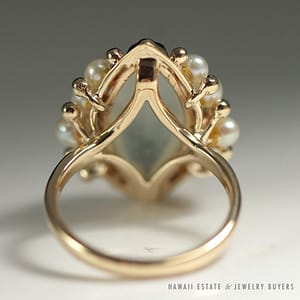 Marquise Translucent Ice Jade Pearl 14K Yellow Gold Ring