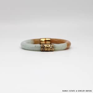 MING'S 42.9g 14KYG GREY & BROWN JADE HINGED BANGLE BRACELET SIZE 7 - Image 9