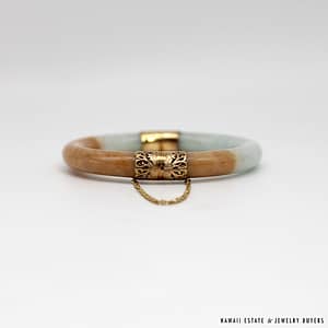 MING'S 42.9g 14KYG GREY & BROWN JADE HINGED BANGLE BRACELET SIZE 7 - Image 7