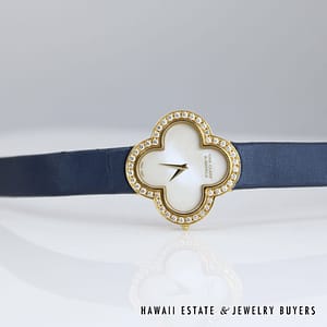 Van Cleef & Arpels 18K YG Alhambra Watch With Diamond Bezel & MOP Dial with Blue Strap - Image 4