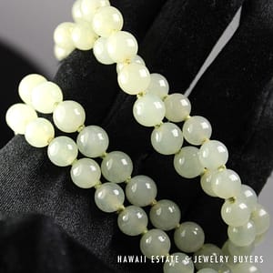 Mings Pale Green Jade 8mm Bead 14k Yellow Gold Necklace 32" - Image 2