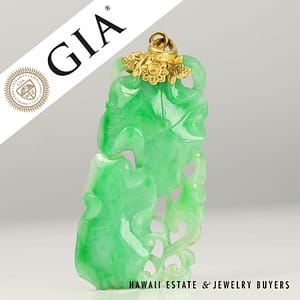 GIA Mottled Green Jade Carved 22K Yellow Gold Pendant