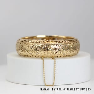 Ming's Rare 20mm Shou 14K Yellow Gold Hinged Bangle Bracelet Like New Size 7.5 - Image 3