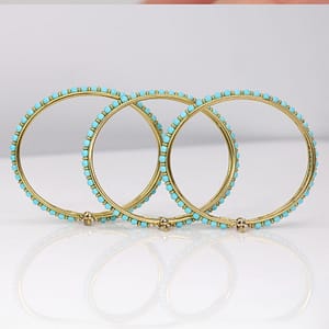 Set of 3 Turquoise Bead and 18K Yellow Gold Bangle Bracelets SIZE 7.25 #2329-14 - Image 2