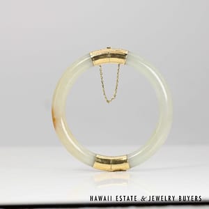 Gray and Red Jade 14k Yellow Gold Hinged Bangle Bracelet Size 7.75, - Image 2
