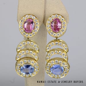 BERNARD HURTIG 41g 18KYG 13.74ctwt SAPPHIRE 4.77ctw VS/GH DIAMOND EARRINGS WITH OMEGA CLIPS (2081-04)