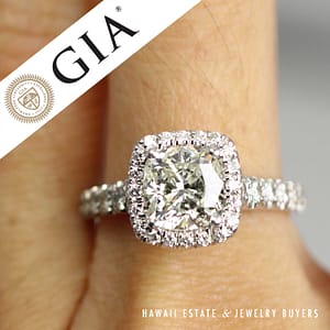 GIA 1.59ct Cushion Brilliant Diamond VVS1/J Halo 18k White Gold Engagement Ring Size 6.5, 6.5g