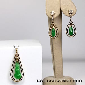 1.43ctw Diamond & Green Jade 18/14K Yellow Gold Earrings and Pendant Set