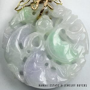 Lavender and Green 52mm Carved Jade 14K Yellow Gold Pendant - Image 2
