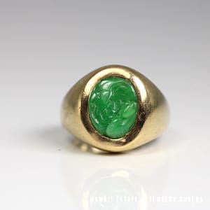 David Lin Carved Green Jade 14K Yellow Gold Ring Size 10 - Image 3