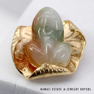 Green White and Honey Jade Frog And Lily Pad 14K Yellow Gold Pendant - Image 3
