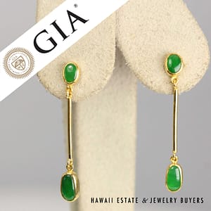GIA Type A Green Jade Dangle Earrings 22k Yellow Gold 1.25" Length