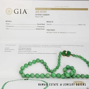 GIA Green Jade Type A Bead 14K Yellow Gold Necklace w/ Carved Pearl Clasp