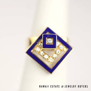 Tufel Swinger Blue Enamel 0.27ctw Diamond 18K Yellow Gold Ring Size 7