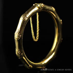HEAVY YELLOW GOLD BAMBOO DESIGN HINGED BANGLE BRACELET - Image 4