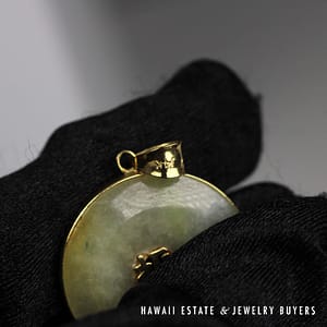 Pale Green Jade Double Donut 14K Yellow Gold Pendant with Chinese Characters - Image 2
