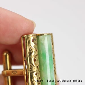 Mottled Green Jade Cylinder With 14K Yellow Gold Cufflinks - Image 2