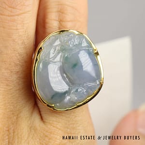 GIA Gray & Grayish Green Carved Jade 18K Yellow Gold Ring Size 5.5